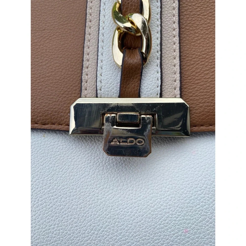 ALDO Colorblock Top Handle Satchel Tan Cream Scarf Accent Luxury‎ Handbag Style